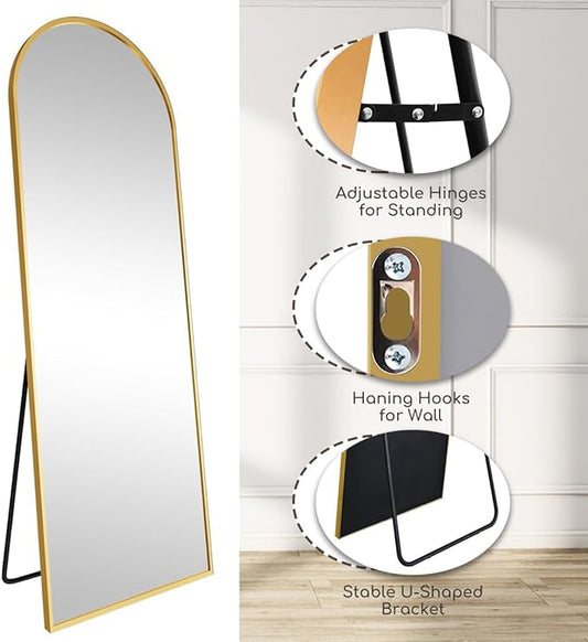 Prywot Arched Full Length Mirror, 64"x21" Free Standing Floor Mirror, Modern Full Body Mirrors with Stand, Wall Mirrors with Aluminum Alloy Frame for Bedroom,Living Room, Gold