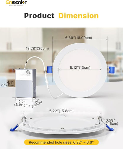 Ensenior 6 Pack 6 Inch LED Recessed Light, Dimmable, 2700K-5000K 5CCT, 1200LM High Brightness, 12W 120V, Damp Rated, ERL-12X-ETL, Ultra-Thin Canless Wafer Ceiling Light - ETL & FCC & IC