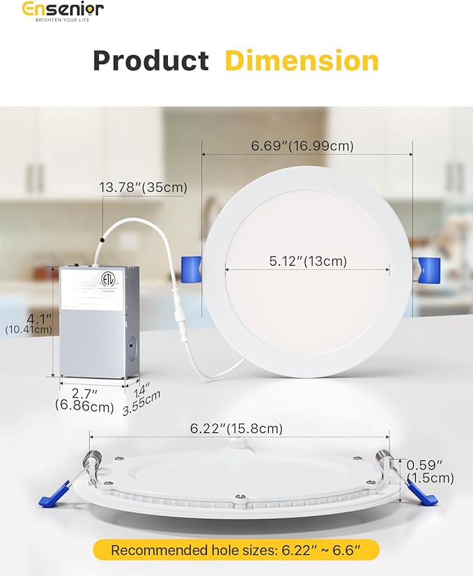 Ensenior 4 Pack 6 Inch LED Recessed Light, Dimmable, 6000K Clear White, 1200LM High Brightness, 12W 120V, 2 Pin, ERL-12X-ETL, Damp Rated, Ultra-Thin Canless Wafer Ceiling Light - ETL & FCC & IC