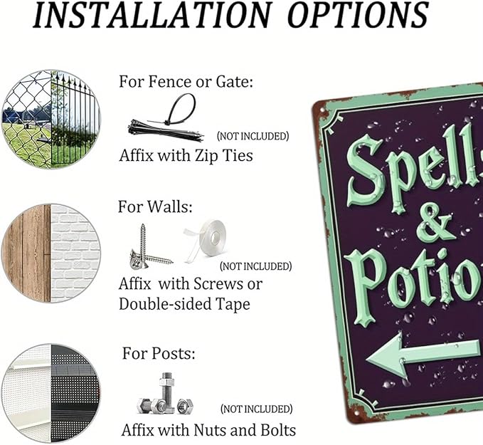 Spells & Potions Metal Tin Sign Vintage Halloween Decor Wall Hanging Wall Art Rustic Bathroom Kitchen Entryway Home Halloween Decorative Sign 8x12 Inch