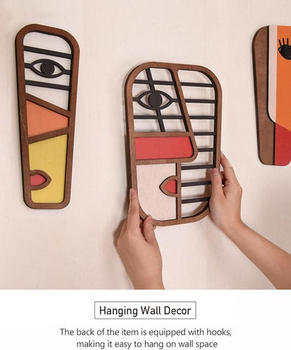 LIFVEAN Abstract Wood Picasso Wall Art Decor - Large Size Modern Minimalism Mask Home Wall Decor - Vintage Pop Wall Art for Bedroom Bathroom Living Room, (3 Piece)
