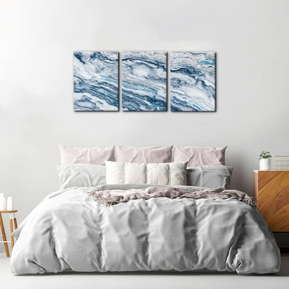 Abstract Wall Art Bedroom Wall Décor 3 Piece Blue Beach Ocean Picture Coastal Theme Nautical Sea Wave Canvas Prints on Canvas Seascape Modern Artwork for Home Living Room Office - 12"x16"x3 Panel