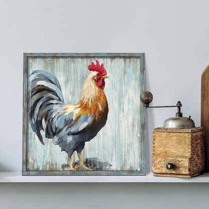 Rooster Wooden Wall Art Decor: Farm Cock Picture Country Animal Framed Artwork Rustic Farmhouse Chicken Painting is the Perfect Combination of Energy Nature for the Kitchen Bedroom 12"x12"