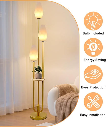 Gold Floor Lamp with Tray, 3-Lights Dimmable Floor Lamps with Rock-Shaped Shade, Unique Candle Holder Style Modern Tall Standing Lamp with 5Lbs Heavy Base for Living Room/Party(Bulbs Included)