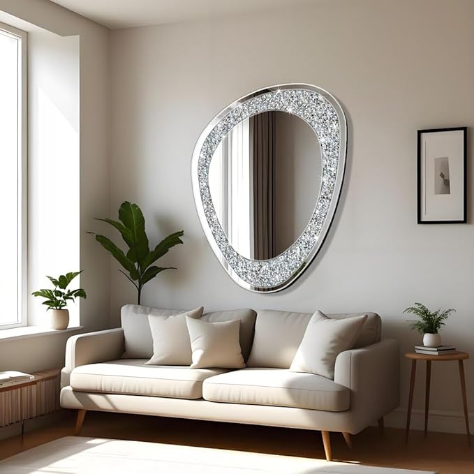 DMDFIRST Modern Irregular Shaped Wall Mirror – 32x23.5 Inch Decorative Oval Diamond Decor Mirror for Living Room, Bedroom, Bathroom, Entryway