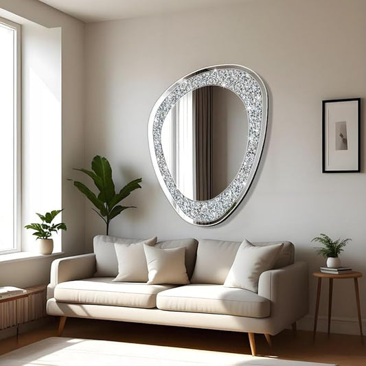 DMDFIRST Modern Irregular Shaped Wall Mirror – 32x23.5 Inch Decorative Oval Diamond Decor Mirror for Living Room, Bedroom, Bathroom, Entryway