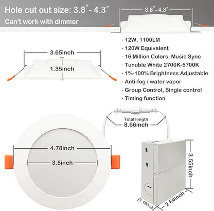 MELPO Smart Recessed Lighting 4 Inch Work with Alexa & Siri，12W 1100LM Recessed Ceiling Light 2700K-5700K，16 Million Colors，Music Sync, DIY Scenes, DIY Flash, LED Downlight with Junction Box，12 Pack
