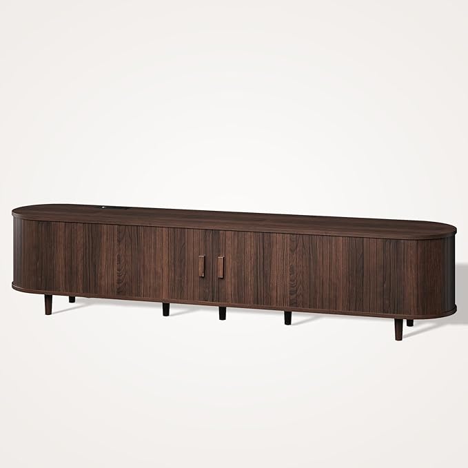 80" Mid Century Modern TV Stand, Wood TV Consoles with Sliding Doors and Power Outlet, Entertainment Center with Adjustable Shelves, Fluted TV Stands for Living Room, Walnut