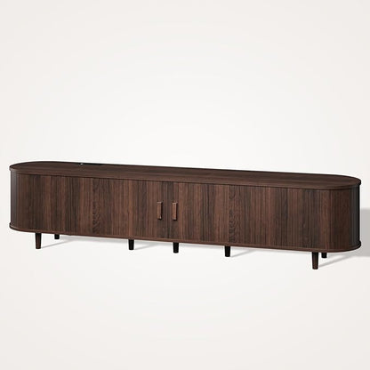80" Mid Century Modern TV Stand, Wood TV Consoles with Sliding Doors and Power Outlet, Entertainment Center with Adjustable Shelves, Fluted TV Stands for Living Room, Walnut