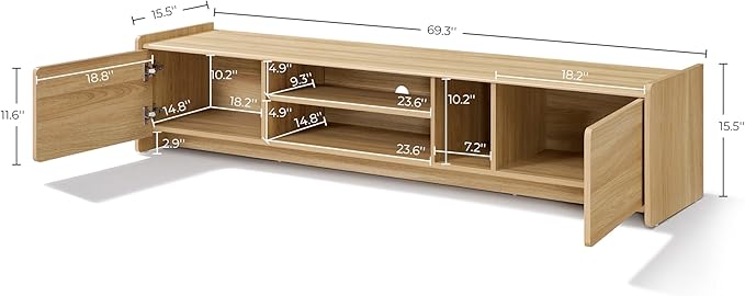 LuxenHome 69'' Oak TV Stand for Living Room for TVs up to 75'' TVs, Mid Century Modern TV Console Cabinet with Rounded Corners, Wood Low Media Console Entertainment Center with Storage
