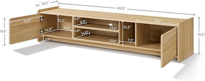 LuxenHome 69'' Oak TV Stand for Living Room for TVs up to 75'' TVs, Mid Century Modern TV Console Cabinet with Rounded Corners, Wood Low Media Console Entertainment Center with Storage