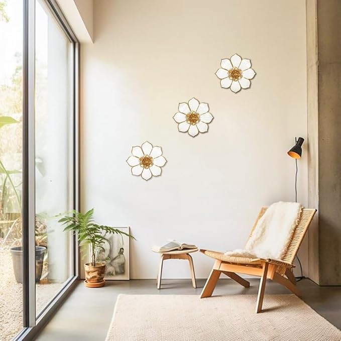 Metal Flowers Wall Decor White and Gold Wall Art Decorations Hanging Rustic Modern Floral Sculpture Single Wall Accent Artwork Indoor Outdoor for Bedroom Living Room Garden Patio Porch 10 Inch
