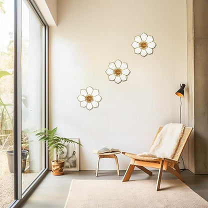 Metal Flowers Wall Decor White and Gold Wall Art Decorations Hanging Rustic Modern Floral Sculpture Single Wall Accent Artwork Indoor Outdoor for Bedroom Living Room Garden Patio Porch 10 Inch