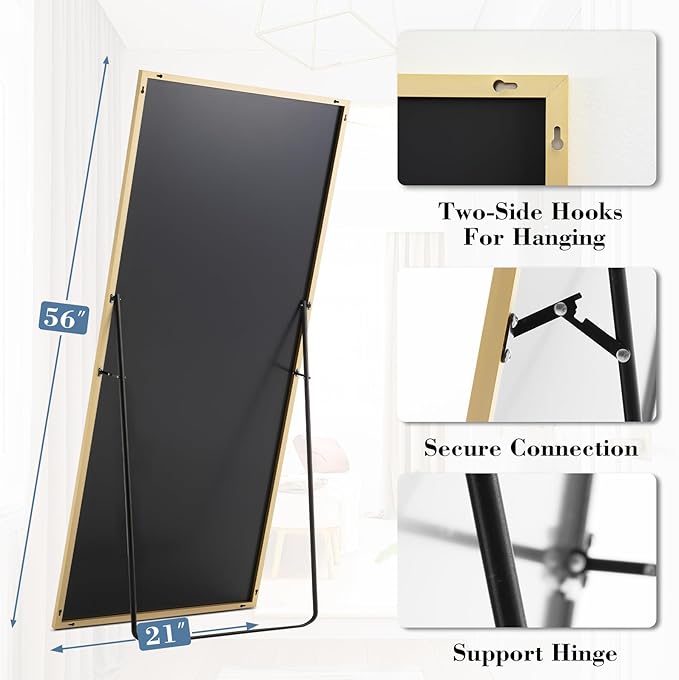 NEWBULIG Mirror Full Length, 56"x21" Body Wall Mirrors with Shatter-Proof Glass, Upgraded Floor Standing Mirror, Hanging or Leaning, with Stand Aluminum Alloy Frame for Home Decor, Bedroom, Gold
