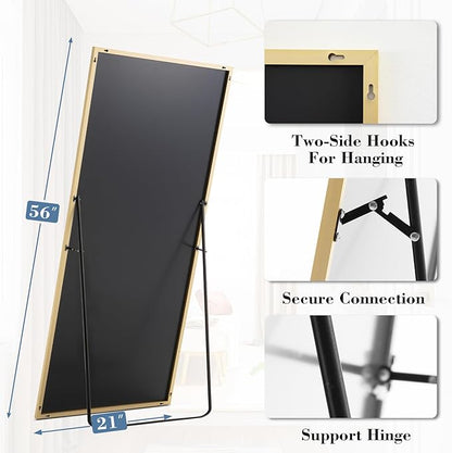 NEWBULIG Mirror Full Length, 56"x21" Body Wall Mirrors with Shatter-Proof Glass, Upgraded Floor Standing Mirror, Hanging or Leaning, with Stand Aluminum Alloy Frame for Home Decor, Bedroom, Gold
