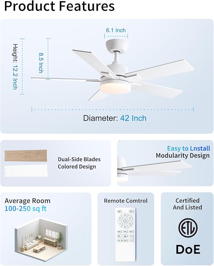 Rayqueen 42 Inch Ceiling Fans with Lights and Remote, 6 Speed Reversible DC Motor, 3CCT Dimmable LED, 5 Blades, White Modern Ceiling Fan for Bedroom, Living Room & Covered Outdoor, Includes Downrod