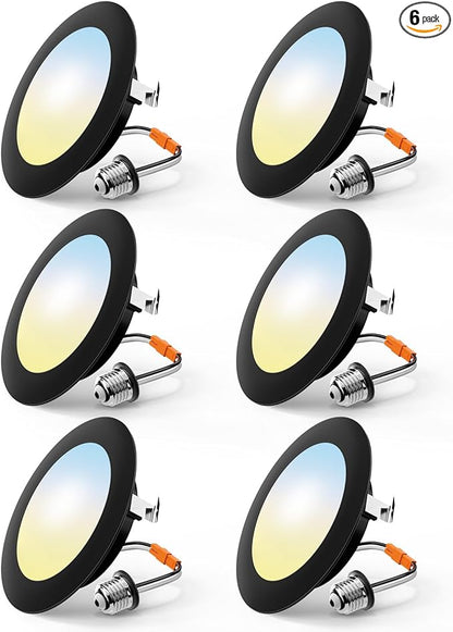 FREELICHT 6 Pack 4 Inch Retrofit LED Recessed Lighting, Selectable 2700K/3000K/4000K/5000K/6000K, Dimmable Flat LED Can Lights, 7W=60W, 700LM, IC & Damp Rated, ETL & FCC, Black