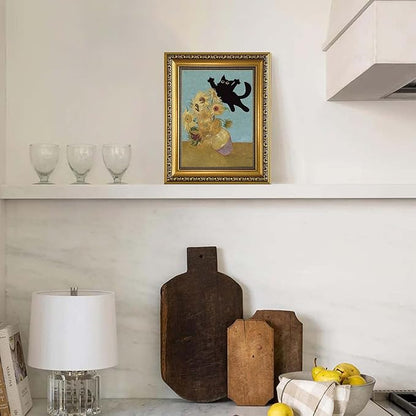 YD&YZY Gold Framed Funny Cat Wall Art Canvas Vintage Black Cat Wall Decor Van Gogh Sunflower Cute Animal Room Print Painting Picture Poster For Home Bedroom Dorm 8x10 inch Small Framed