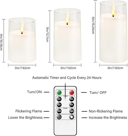 kakoya Flickering Flameless Candles Battery Operated with Remote and 2/4/6/8 H Timer Acrylic Led Pillar Candles Pack of 9 (D 3" xH 4" 5" 6") with Realistic 3D Wick Candles for Home Decor(White)
