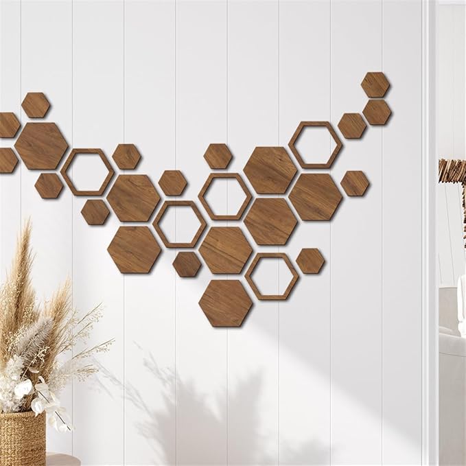 Hexagon Wood Wall Art, 27 PCS Modern Hollow Wooden Honeycomb Wall Stickers, DIY Modern Geometric Wood Wall Art Decor, 3D Wooden Hexagon Wall Tiles for Living Room, TV Background, Office