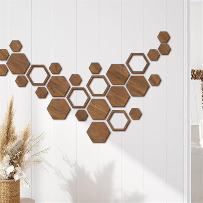 Hexagon Wood Wall Art, 27 PCS Modern Hollow Wooden Honeycomb Wall Stickers, DIY Modern Geometric Wood Wall Art Decor, 3D Wooden Hexagon Wall Tiles for Living Room, TV Background, Office