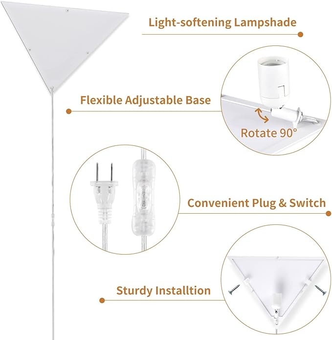 Corner Light with Switch, Ceiling Corner Lights for Living Room, Plug in Ceiling Light for Dark Area, Lamp for Bedroom, Kids Room, Triangle Shape, White Acrylic (2 Pack)
