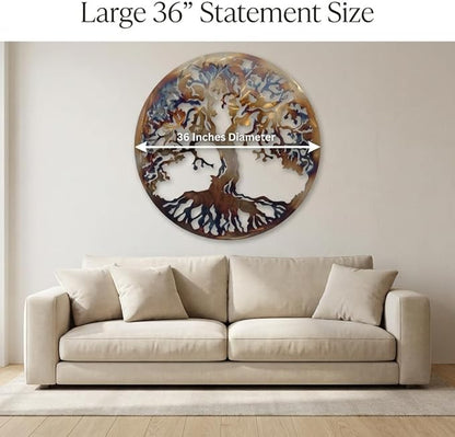 36” Tree of Life Metal Wall Art – Large Round Statement Wall Decor for Living Room Above Couch – Premium Laser-Cut Steel, Vibrant Heat Color Finish