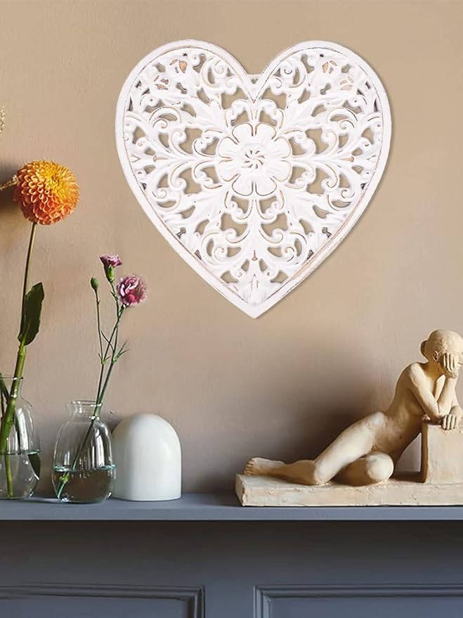 HOTBEST Wooden Wall Decor Floral Hollow Carved Wall Panel Hanging Decor Rustic Art Sculpture Home Ornament for Hallway Bedroom Living Room Cafe Office (Heart Shape 30 * 30cm)
