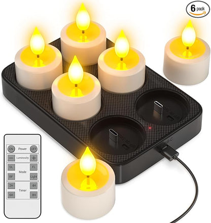 Yme Rechargeable Tea Lights with Remote Timer and Charging Base, 6 Pack LED Battery Operated Flickering Flameless Candles, Electric Tea Lights Votive Candles for Home Wedding Party Holiday Decor