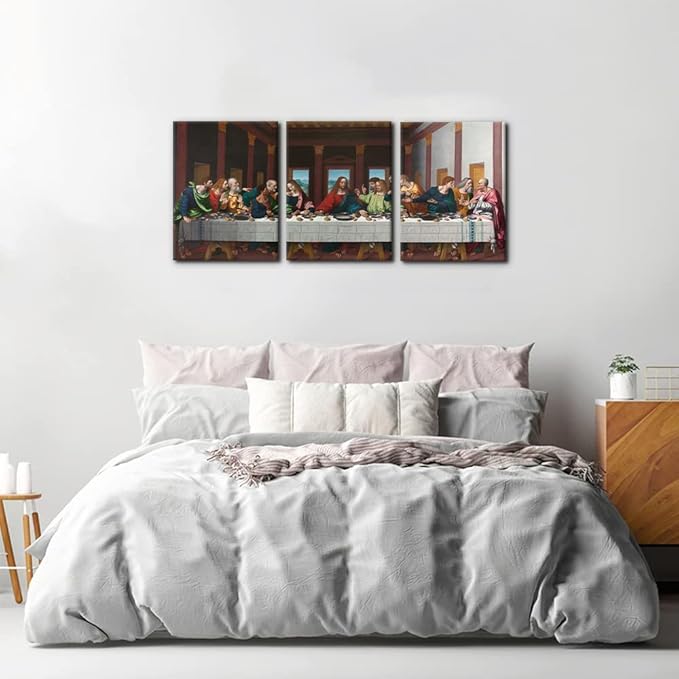The Last Supper Painting Prints on Canvas Last Supper Wall Art Decor for Living Room Modern 3 Panels Jesus Pictures Posters Giclee Gallery Wrap Artwork Stretched Framed Ready to Hang - 12" x 16" x 3