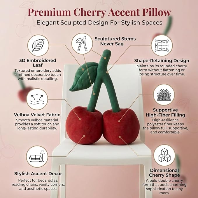Cherry Pillow for Preppy Room Decor –17x14 In 3D Decorative Cherry Throw Pillow in Luxe Velvet –Shape Hold Fill Fruit Cushion with Sculpted Stem & Embroidered Leaf for Sofa & Aesthetic Home Decor ,Red