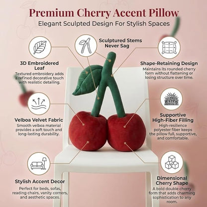 Cherry Pillow for Preppy Room Decor –17x14 In 3D Decorative Cherry Throw Pillow in Luxe Velvet –Shape Hold Fill Fruit Cushion with Sculpted Stem & Embroidered Leaf for Sofa & Aesthetic Home Decor ,Red