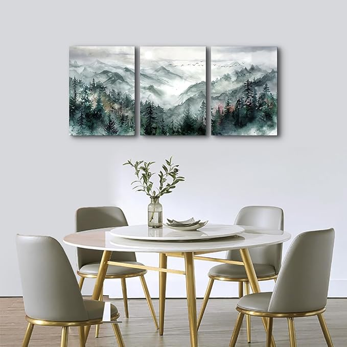 TTHYUEWS Wall Art for Bedroom Wall Decor for Living Room Office Decor Mountain Forest Landscape Wall Pictures Watercolour Paintings Artwork 3 Piece Canvas Art Prints Ready To Hang Home Decoration