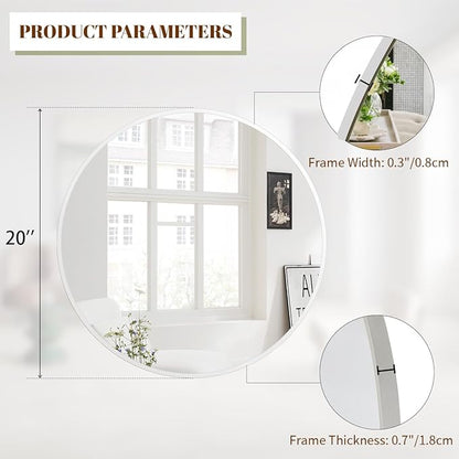 BEAUTYPEAK 20 Inch Round Mirror, Metal Frame Circle Mirror, Wall Mounted for Entryway, Bathroom, Vanity, Living Room, White