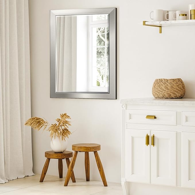 Renditions Gallery Rectangular Silver Wood Framed Body Mirror Verticle Or Horizontal Farmhouse Wall Mounted Vanity Mirror for Living Room Bedroom Home Decor - 41"x29" LT07