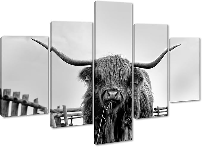 5 Panels Highland Cow Wall Art Farm Cow Pictures Canvas Prints Art Vintage Framed Black and White Animals Posters Wall Decor Artwork Living Room Bedroom Home Office Decoration - 60''W x 40''H
