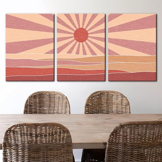 Pacimo 3 Pieces Boho Canvas Wall Art - Framed Canvas Wall Art Prints Sun Rising on the Sea Design - Modern Artwork for Home Decor, Neutral Boho Wall Decor for Living Room Bedroom Office - 20"x28"x3