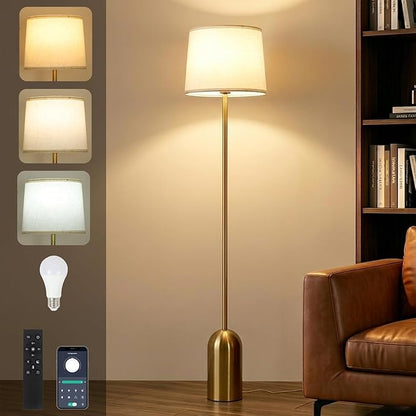 Gold Floor Lamps for Living Room, Dimmable Standing Lamp with Remote and Bulb, Modern Brass Tall Lamp with Heavy Metal Base, 3 Color Temperatures, Vintage Stand Up Light for Bedroom Reading Corner