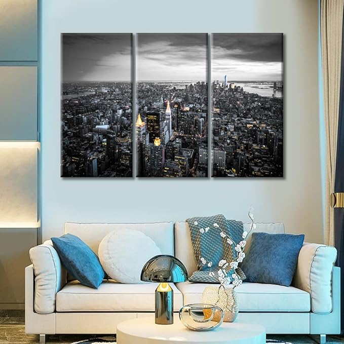 TUMOVO American Cityscape Black and White Wall Art 3 Panels Manhattan Skyscrapers City Skyline Wall Decor Living Room Nighttime Lightscape Modern Home Decor Framed Ready to Hang (36" Wx24 H)