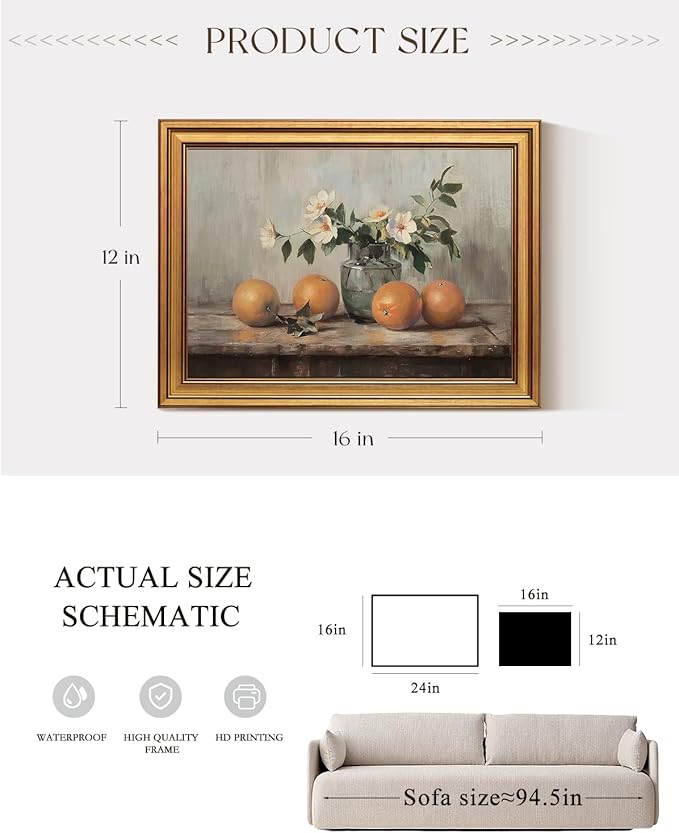 VIYYIEA Vintage Gold Framed Canvas Prints Wall Decor, Farmhouse Vintage kitchen Wall Art, Classical Oranges Still Life Paintings, Rustic Pictures for Dining Room Living Room Shelf, 12x16inch