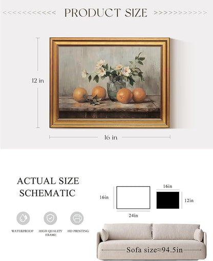 VIYYIEA Vintage Gold Framed Canvas Prints Wall Decor, Farmhouse Vintage kitchen Wall Art, Classical Oranges Still Life Paintings, Rustic Pictures for Dining Room Living Room Shelf, 12x16inch
