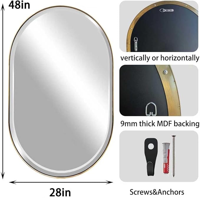 POZINO Oblong Beveled Mirror, 48"x28" Modern Bathroom Vanity Mirror Over Sink, Pill Shaped Capsule Wall Mounted Mirrors for Living Room Bedroom Entryway, Hangs Vertically or Horizontally