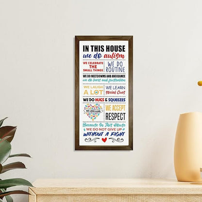 Rustic Autism Awareness Sign, Autism's Room Wall Decor, Autism's Family Home Decor, Wooden Framed Wall Decors, Classroom Decoration, In This House We Do Autism Sign, 15×7.5×0.3 inches