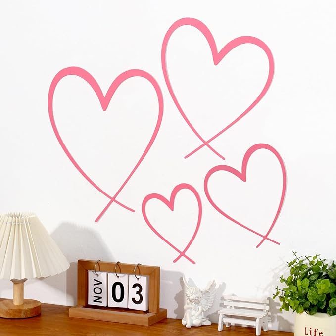 KOYILTD 4 Pcs Metal Heart Wall Art for Bedroom Modern Love Heart Wall Decor Metal Wall Decoration above Bed for Living Room Bathroom Office Wedding (Pink, Classic)