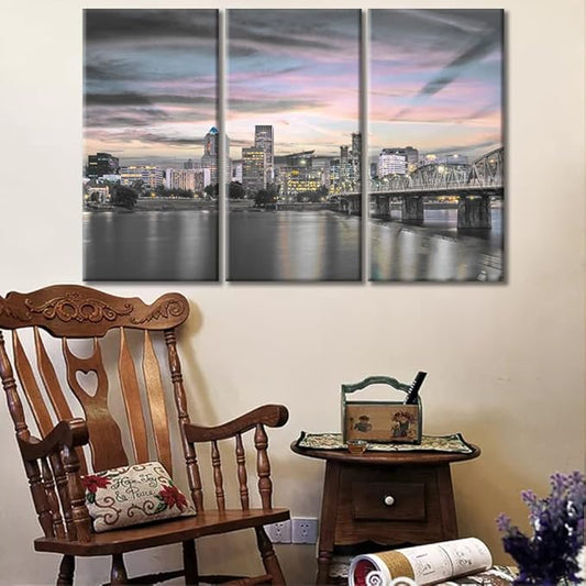 3 Pieces Portland Dusk City Skyline Home Decor American Cityscape Skyscrapers Modern Artwork Wall Art for Living Room Giclee Wooden Framed Gallery-Wrapped Ready to Hang (36" Wx24 H)