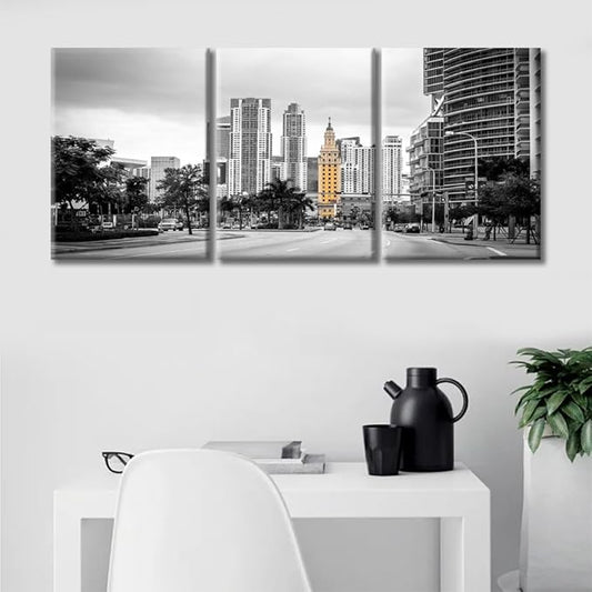 TUMOVO American Cityscape Canvas Wall Art Miami USA Downtown City Skyline Artwork Pictures Black and White Wall Art 3 Panel Posters and Prints Framed Ready to Hang (36" Wx16 H)