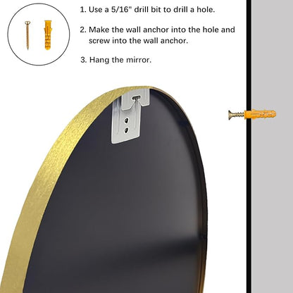 Sunniry Gold Round Mirror, 24 inch Circle Mirror, Gold Brushed Metal Frame Bathroom Mirrors, Round Wall Mounted Mirrors for Bathroom, Hallway, Living Room, Bedroom.