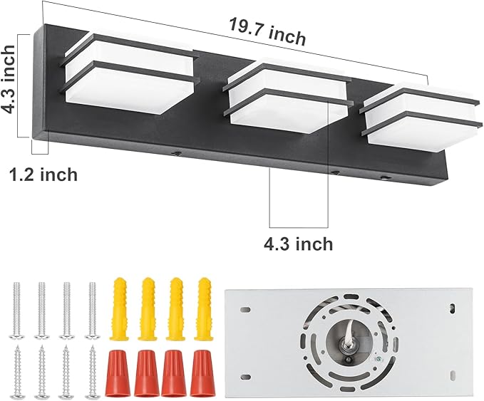 GOODATE 3 Color Temperature Dimmable Bathroom Light Fixtures Over Mirror, LED Black 3 Light Vanity Lighting Fixtures, Acrylic Stainless Steel Square Shade Vanity Lights for Bathroom, ETL Certificated