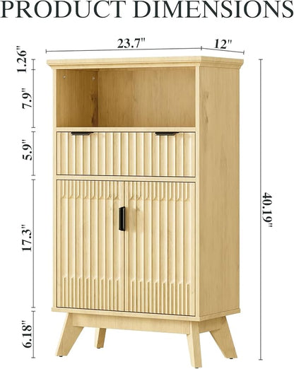 Fatmok Buffet Cabinet with Storage Seto of 2, 40" Modern Fluted Coffee Bar Cabinet with Drawer & Open Shelf, Wood Buffet Sideboard Console Table for Entryway, Kitchen, Living Room (Natural Wood)