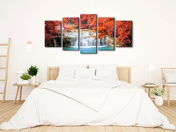 Pyradecor Red Forest Waterfalls Canvas Prints Wall Art Tree Pictures Paintings for Living Room Bedroom Home Decorations Modern 5 Panels Stretched Pretty Landscape Artwork